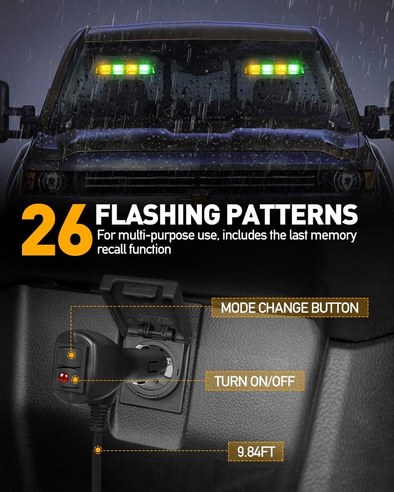 HLauto 2002L Emergency Dash Strobe Lights: Amber Green Safety Lights, Flashing Warning Hazard Windshield Visor Traffic Light Bars for Trucks, Construction Vehicles (2x8.5 inch, 48LED) - Image 4